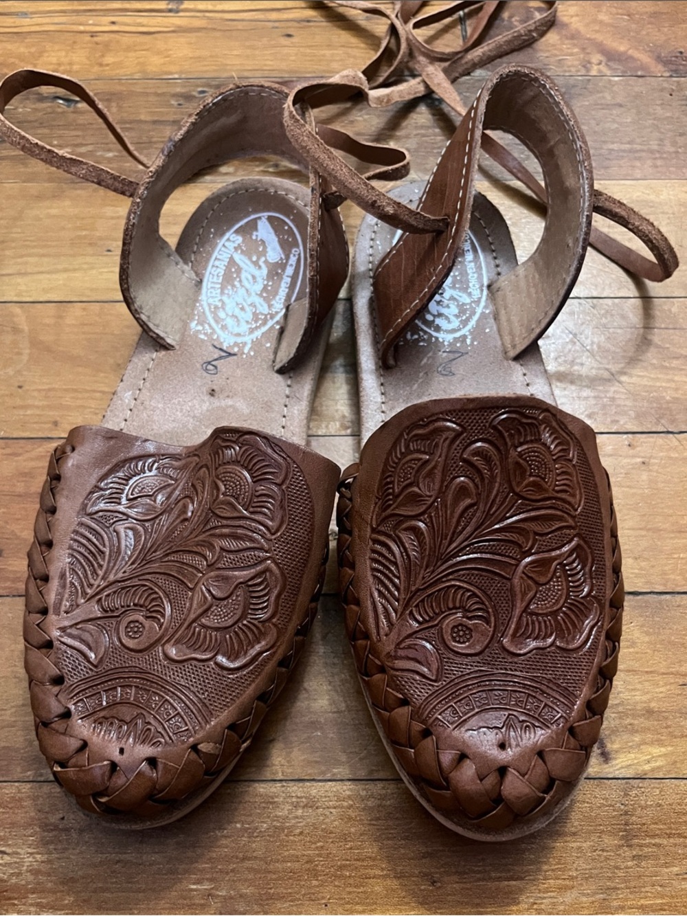 Brown Hand-Tooled Leather Huarache Sandals with Ankle Tie